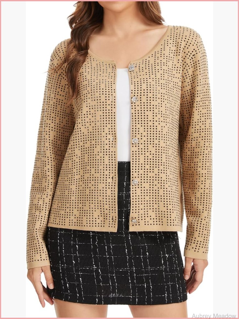 Elegant Long Sleeve Button Down Cardigan Sweater With Rhinestone Knit Top